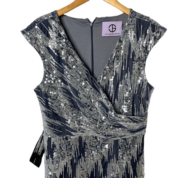 JS Collection June Faux Wrap MIDI Dress Size 12 Gray Blue Cap Sleeve Velvet - Picture 5 of 12